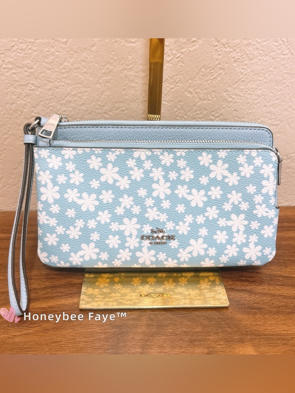 COACH double zip Light Blue Floral Zip Wristlet